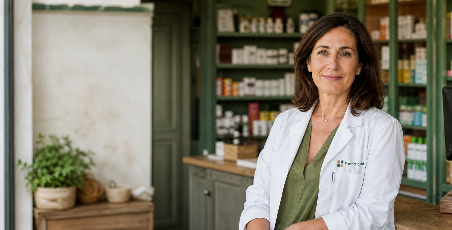 Escena conceptual de una farmacéutica con el logo de Farma Rural en la bata, en el mostrador de una farmacia