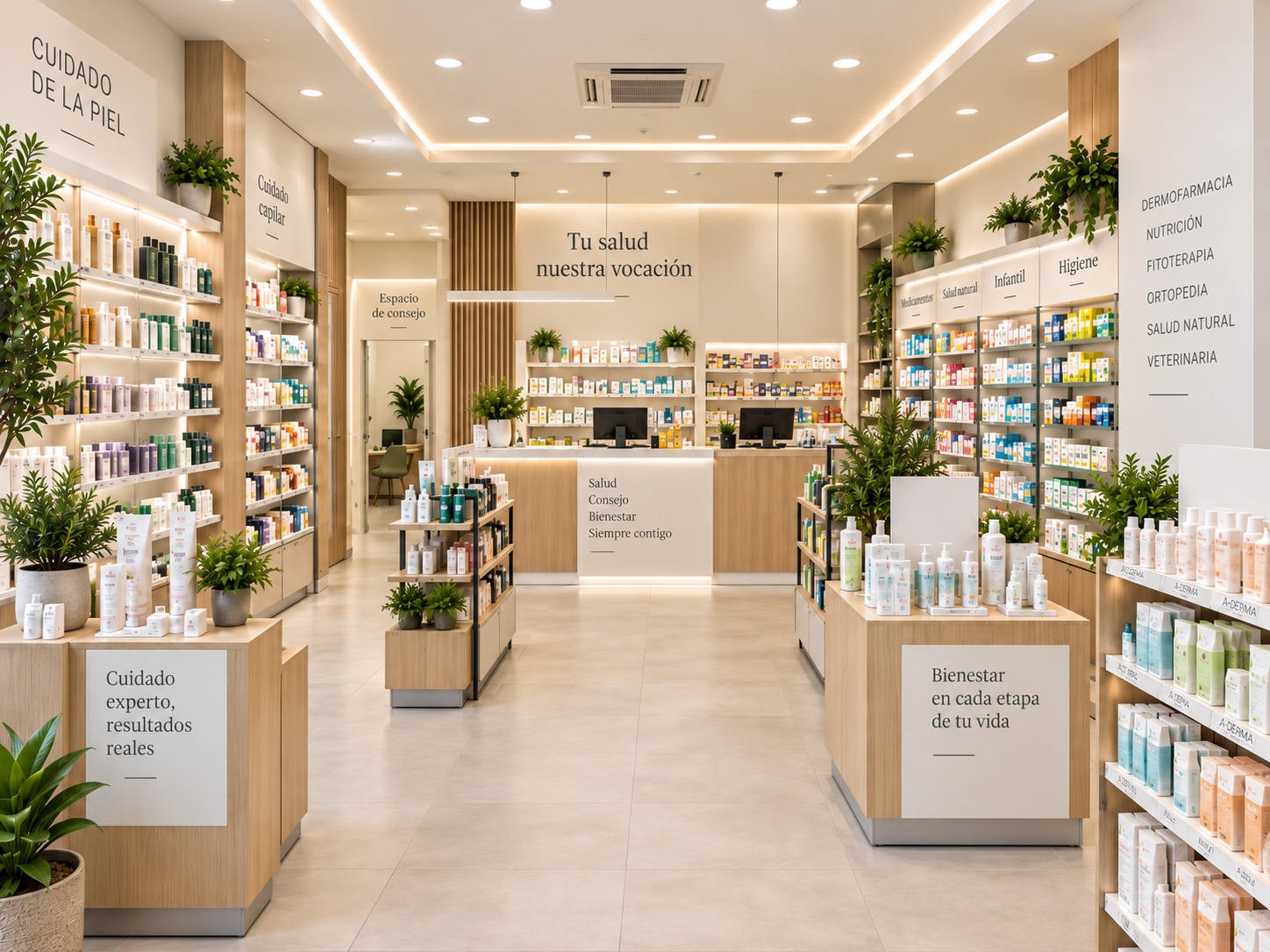 Interior renovado: mobiliario claro, iluminación cálida y una exposición más despejada.